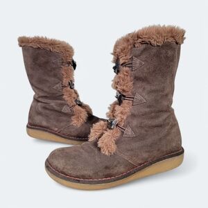 Earth Shoe Cozy Brown Suede Winter Boots Size 7.5 Faux Fur Toggle Closure Boho